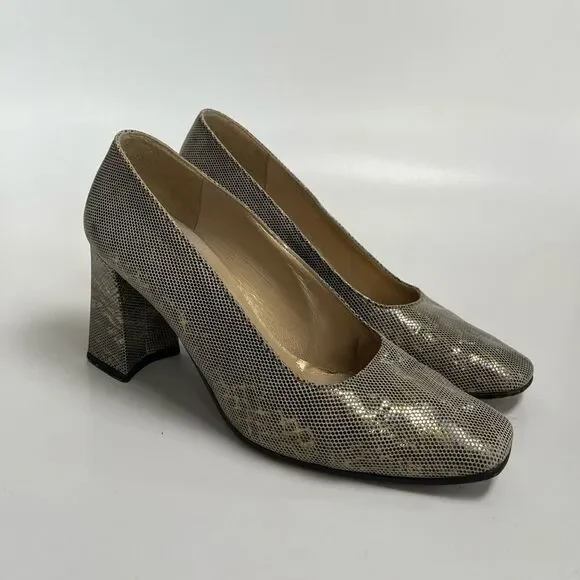 Vintage 90s Stuart Weitzman Snakeskin Reptile Gold Tan Pumps Heels Shimmer 6 6.5 - Picture 10 of 11
